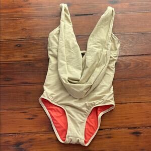 LUXE by Lisa Vogel plunge gold cowl scoop back one piece swimsuit with pads 6